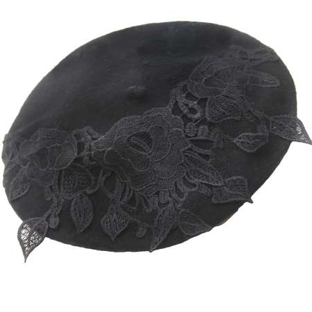 Barett Mütze Wolle schwarz spitze mit Blumen